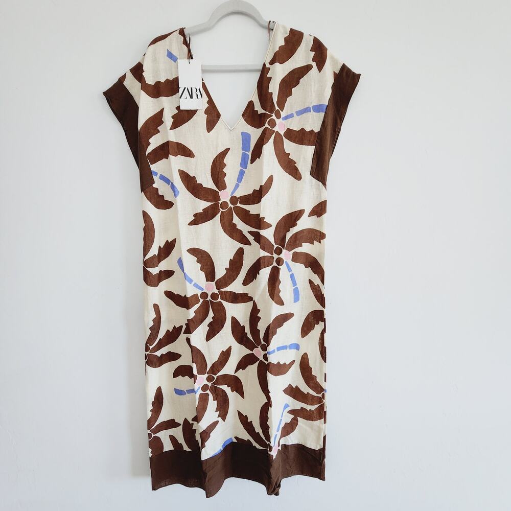Zara Tropical Palm Tree Print Linen Tunic Maxi / Midi Dress Beige Size Medium - Picture 2 of 5